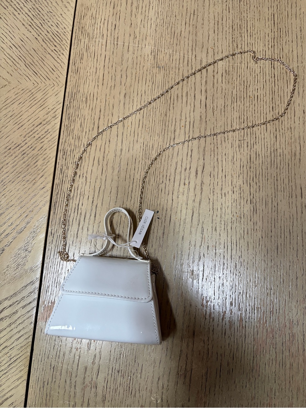 White Patent Faux Leather Micro Bag with Gold Crossbody Chain